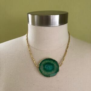 Chunky Emerald Green Agate Pendent Gold Faceted Bead Necklace Boho Festi…
